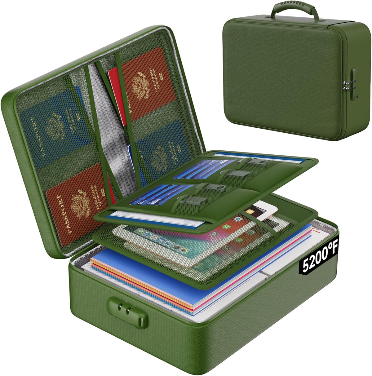 ENGPOW 5200°F Fireproof Document Bag with Lock, Upgraded Heat Insulated Fireproof＆Waterproof Box 8 Layers Document Organizer, Portable Home Travel Safe Storage Box for Important Files, Laptop,Green