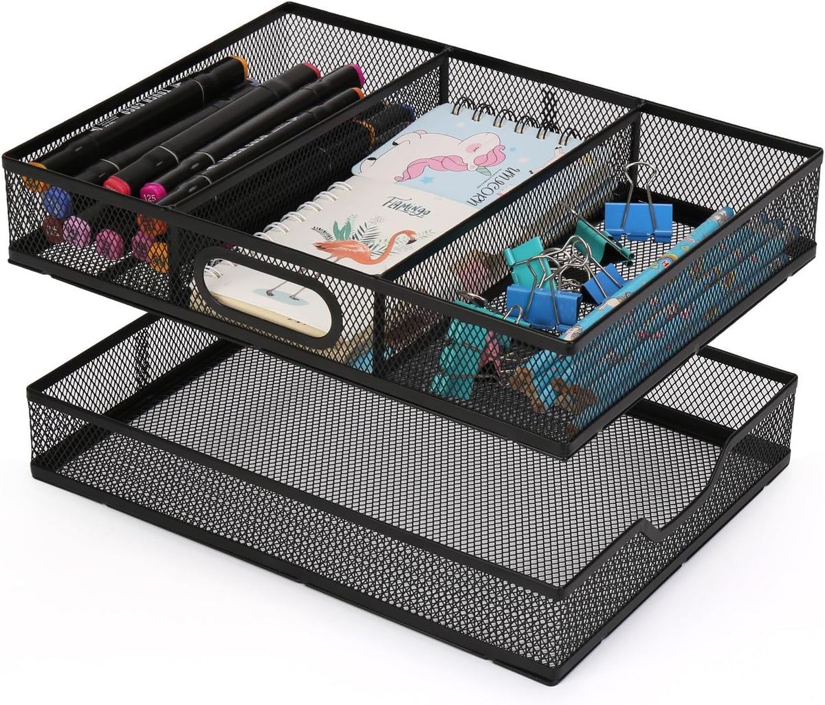 Office Drawer Organizer 2 Pack, Metal Mesh Set - Large Kitchen Drawer Organizer Tray, Adjustable Under Desk Storage for Papers, Office Supplies(Black)