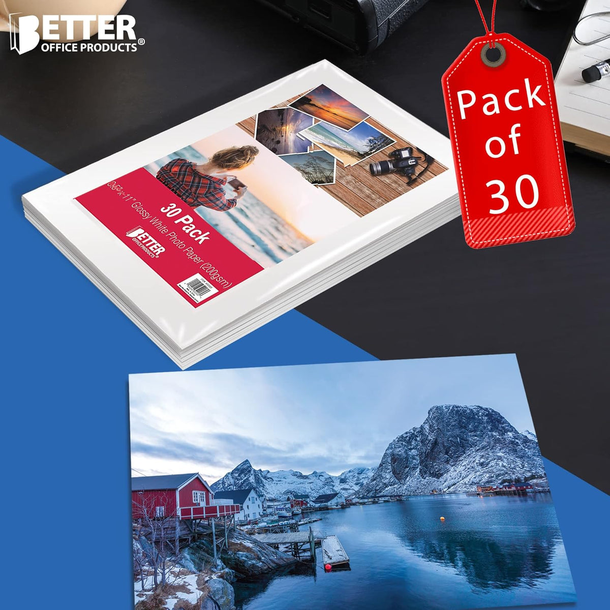 Better Office Products Glossy Photo Paper, 8.5 x 11 Inch, 30 Sheets, 200 gsm, Letter Size, 30-Count Pack