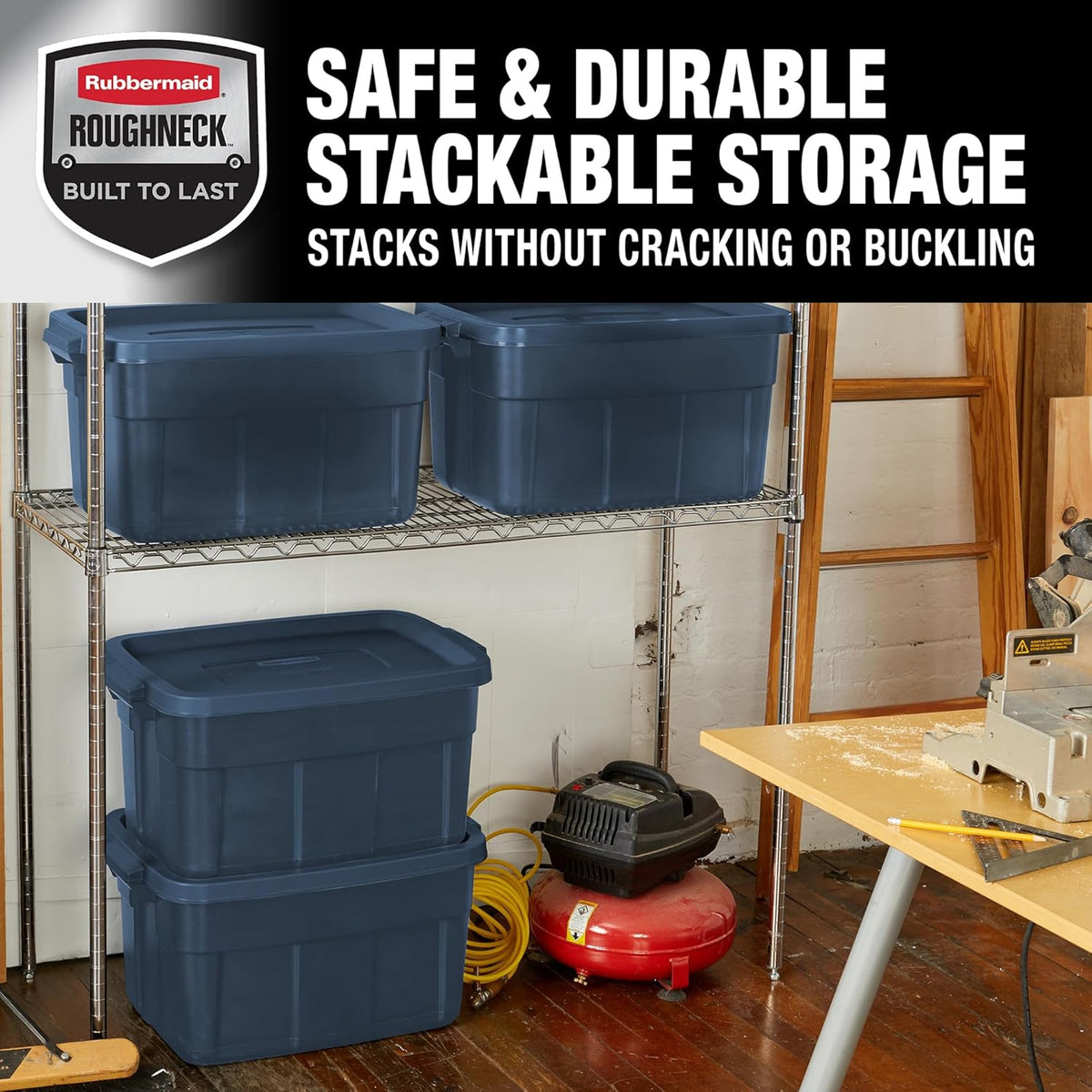Rubbermaid Roughneck Tote 14 Gal, 6 Pack, Made in USA, Dark Indigo Metallic, Rugged Plastic Stackable Storage Bins with Lids and Handles