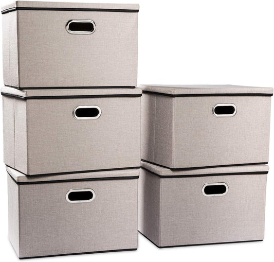 PRANDOM Large Foldable Storage Bins with Lids [5-Pack] linenFabric Decorative Storage Boxes Organizer Containers Baskets Cube(17.7x11.8x11.8) For 6+ Year Old Boys and Girls