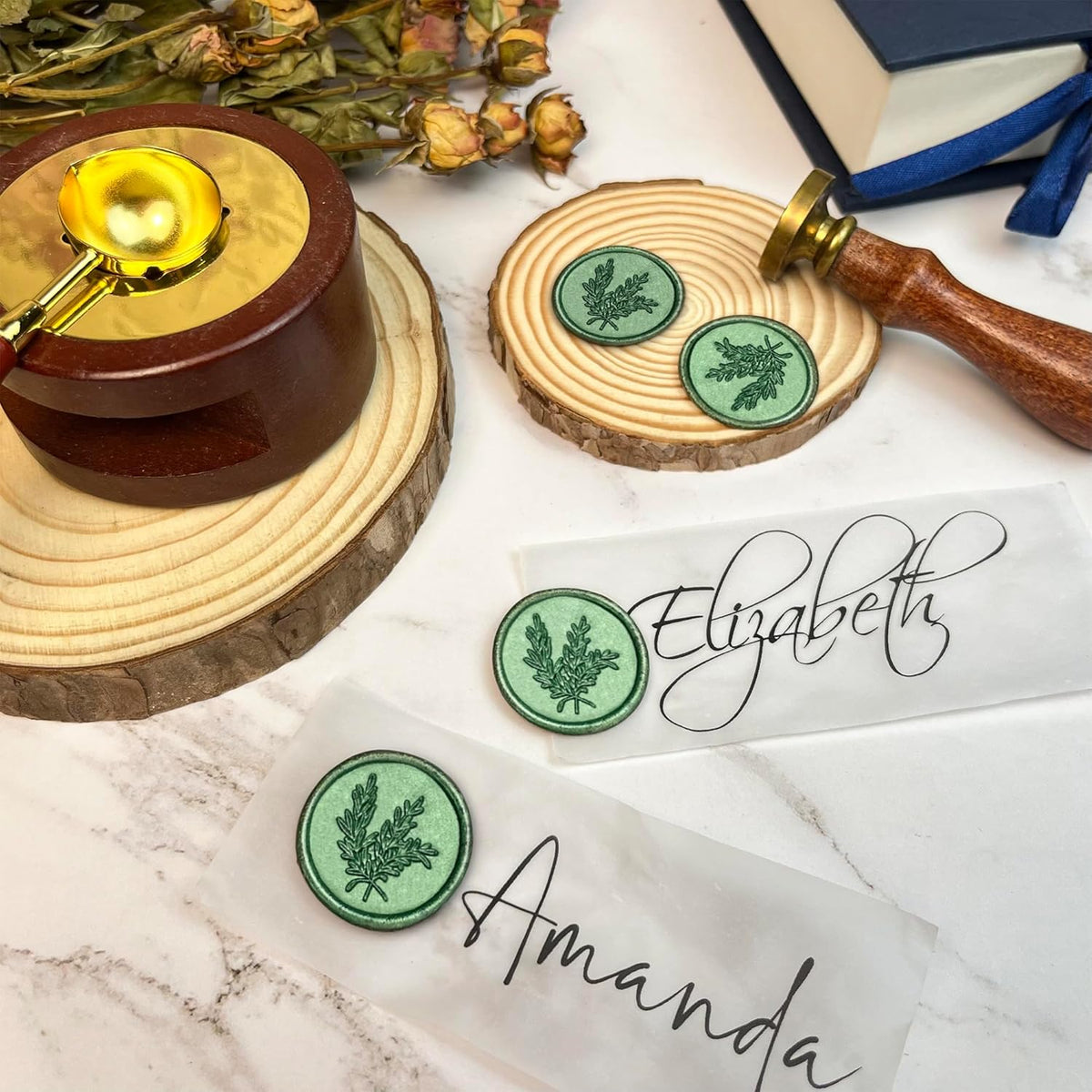 25Pcs Wax Seal Stickers Handmade Envelope Seals Self Adhesive Wax Stickers for Wedding Party Invitations, Envelope, Gift Wrap, Christmas(Rosemary Style, Green)