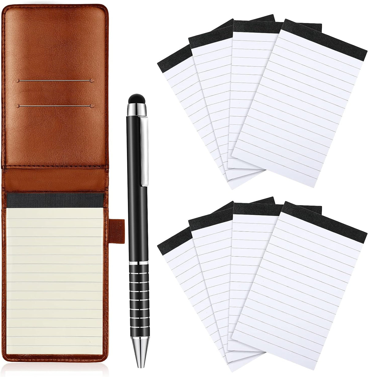 Outus 10 Pcs Pocket Notebook with Pen Set Included Mini Pocket Notepad Holder with 50 Lined Sheets, Metal Pen, 8 Pcs 3 x 5 Inch Memo Book Refills, 30 Lined Paper Per Note Pad (Brown)