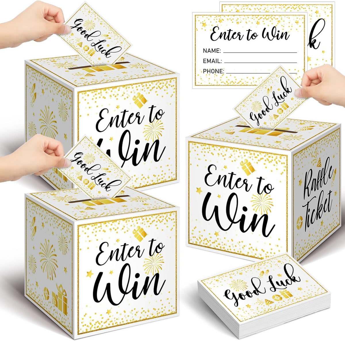 Colarr Raffle Box Gold Brass Donation Box Ballot Safe Suggestion with Raffle Tickets Cards Ballot with Slot Collection Voting Bowl Holder Gifts (3 Pack)