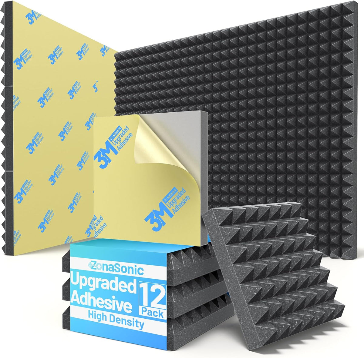 12 Pack Pyramid Sound Proof Foam Panels for Walls with Updated Self-Adhesive 3"X12"X12" High Density Acoustic Panels Sound Absorbing Fast-Expanding Soundproof Wall Panels for Gaming Studio Decor-Black