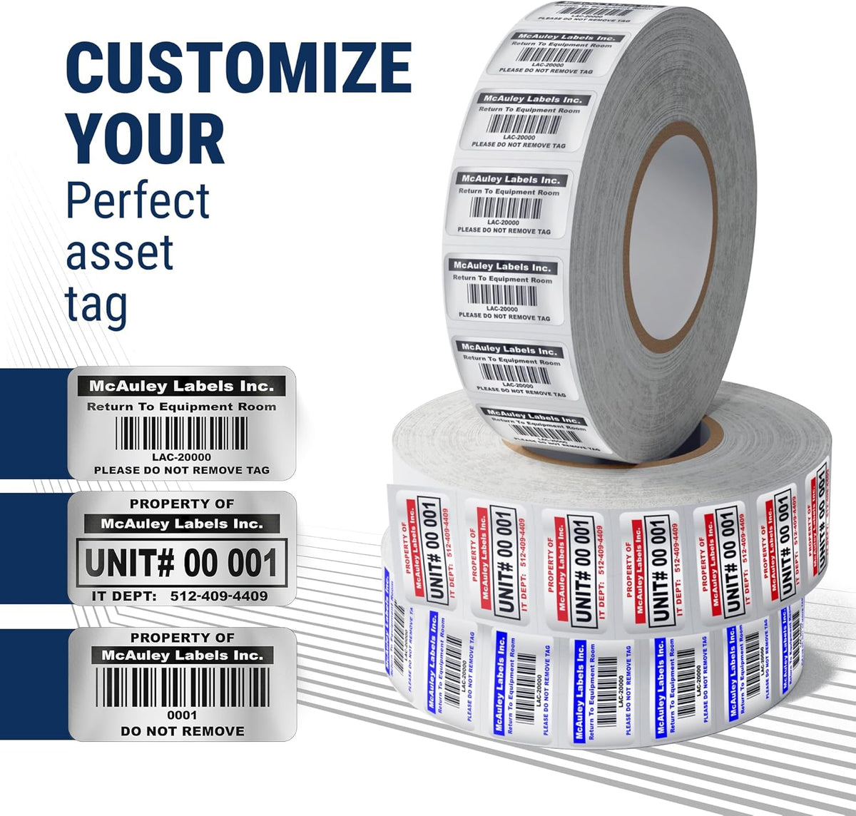 McAuley Labels Custom Asset Tags for Equipment - Numbered, Permanent - Heavy Duty Metalized Polyester, Stronger Adhesive - Barcode Label - 1.5x0.75 Inches