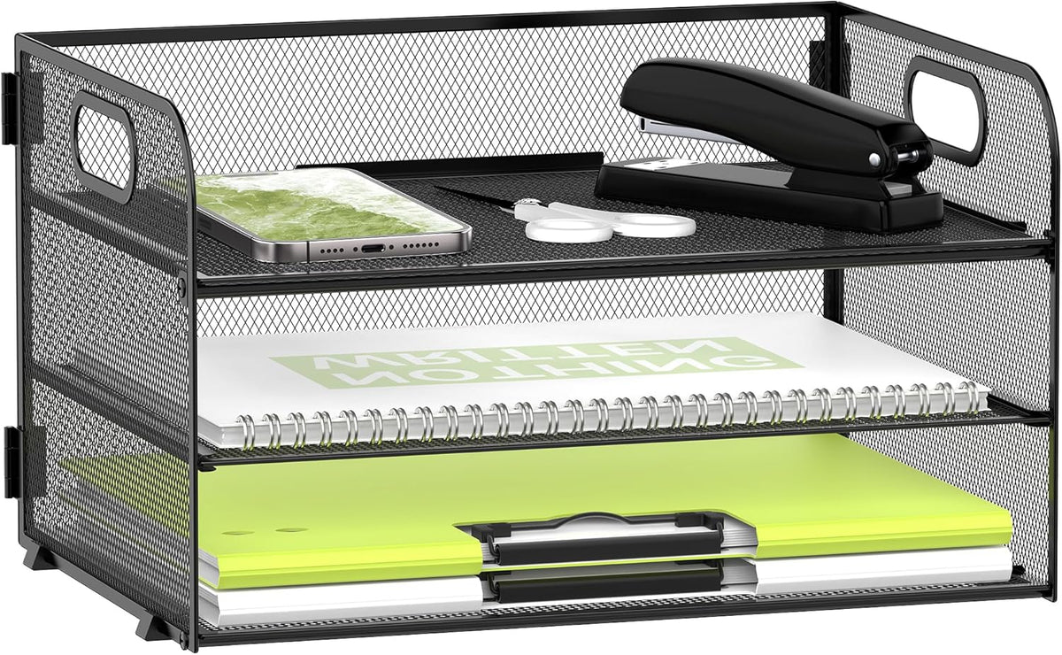Daltack 3-Tier Paper Organizer with Handle, Mesh Desk Organizer Letter Tray, Paper Tray Organizer File Organizer for A4 File Folder, Black