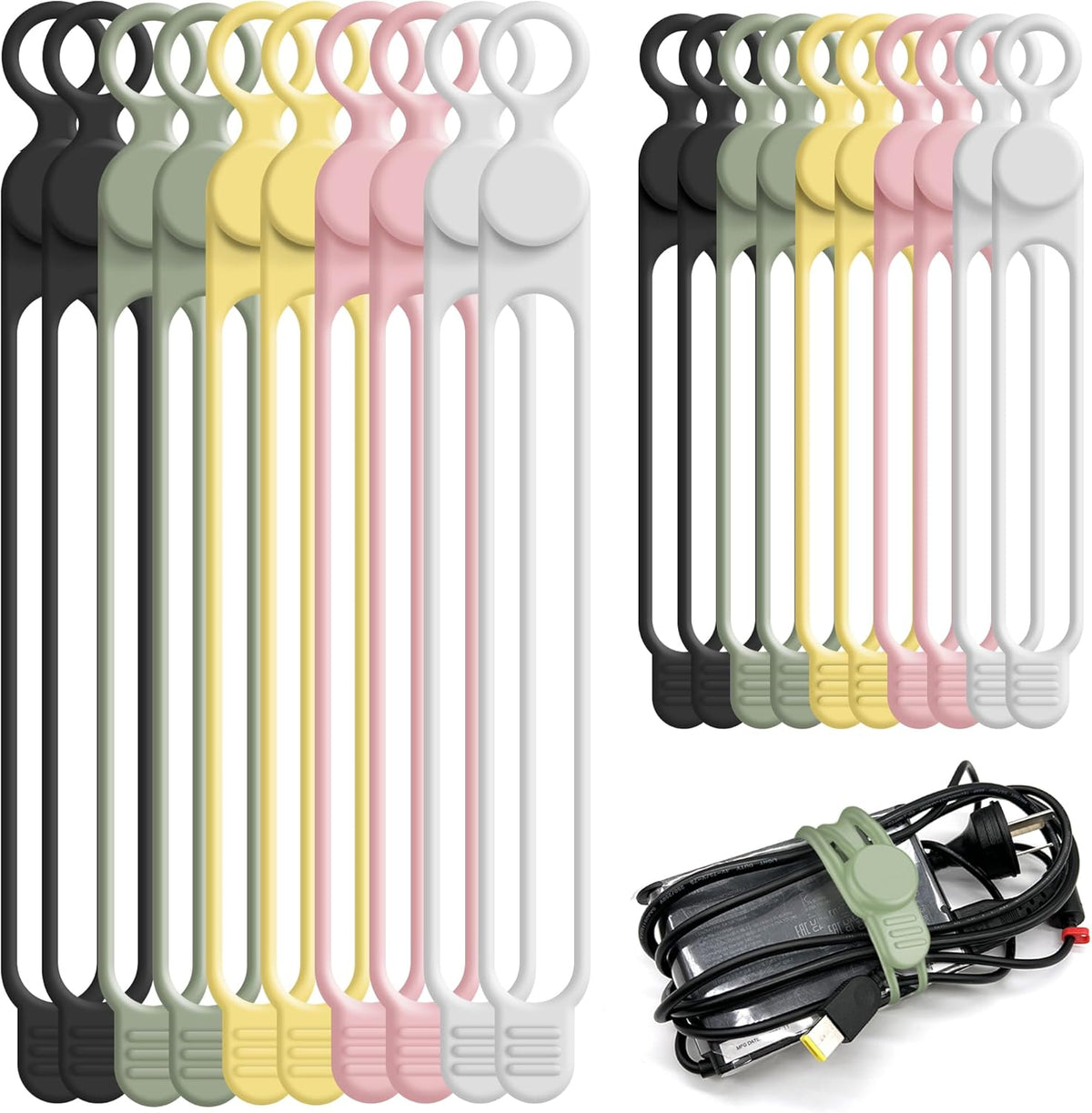 Nearockle Silicone Cable Ties Cord Organizer for Cable Management, 20PCS 4.2" and 7.1" Reusable Cable Organizer Electronic Accessories for Home, Office, Kitchen, School, Travel (5 Colors)