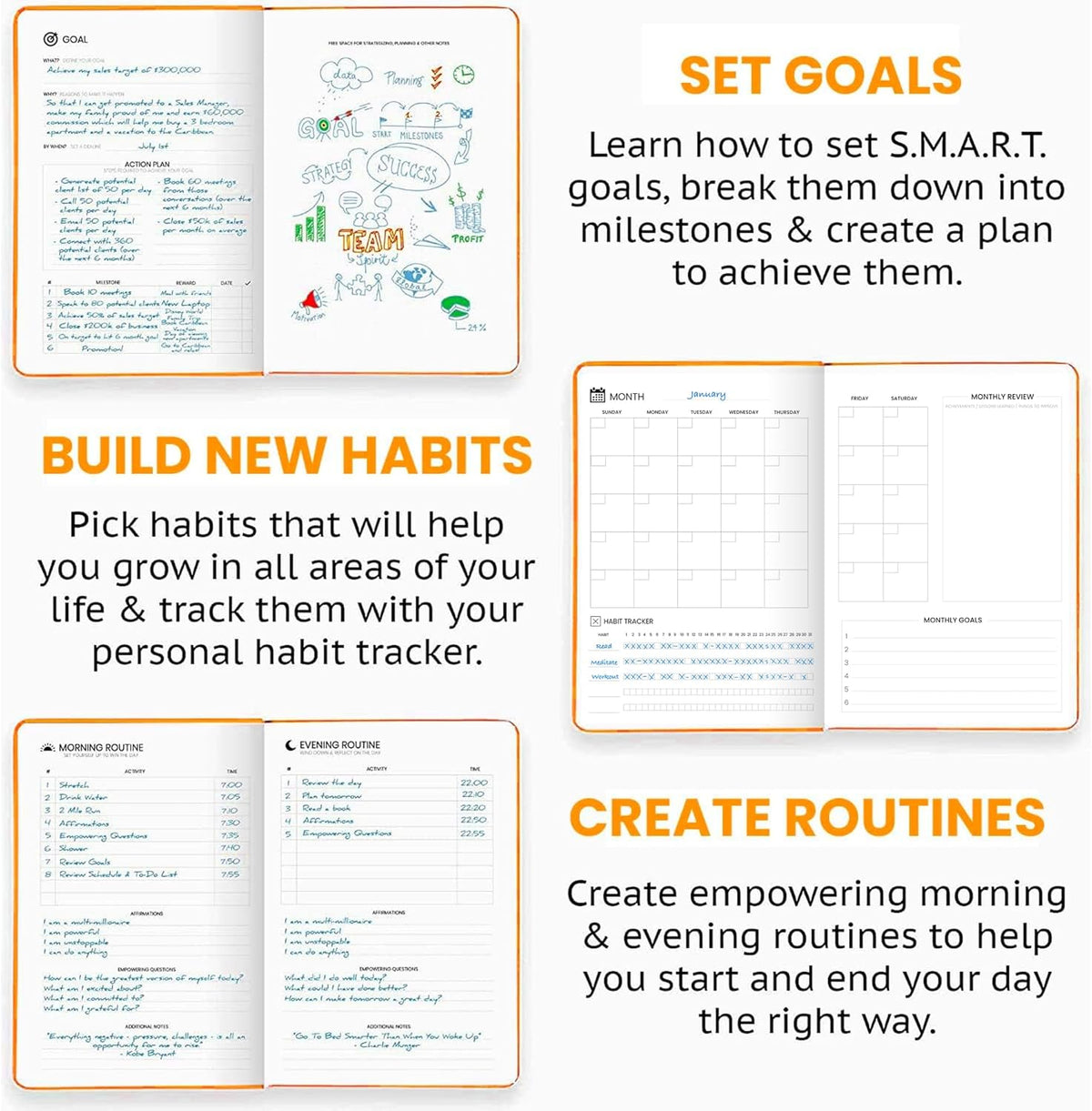 Undated Daily Planner – 1-Year B5 Productivity Organizer with Two-Page Weekly Spread, Goal Setting, Habit Tracker, Weekly & Monthly Pages – Hardcover Time Management Notebook (Orange)