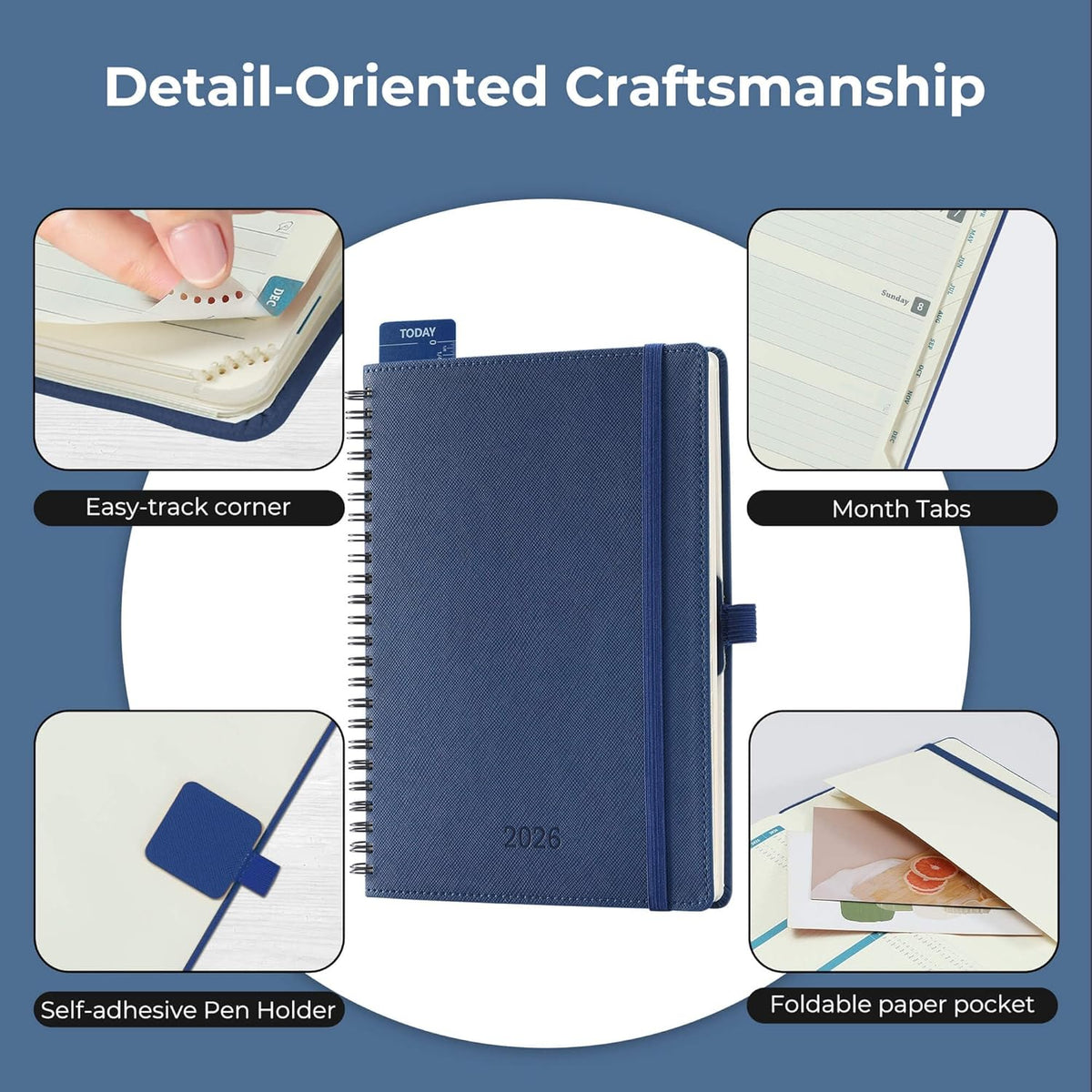 Planner 2026 Daily Weekly and Monthly,8.5"x6.5",12 Months Spiral Bound Calendar Agenda with Self-adhesive Pen Holder,2026 Appointment Book with Vegan Leather Soft Cover,Blue