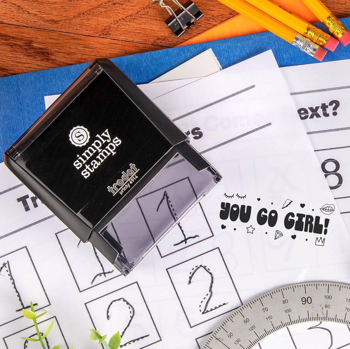 Custom Self-Inking Teacher Stamps | 49 Designs | Fun Teacher Phrases | Grading Made Easy | Classroom, Teacher and Library Book Stamps (You Go Girl!, Xtra Wide)