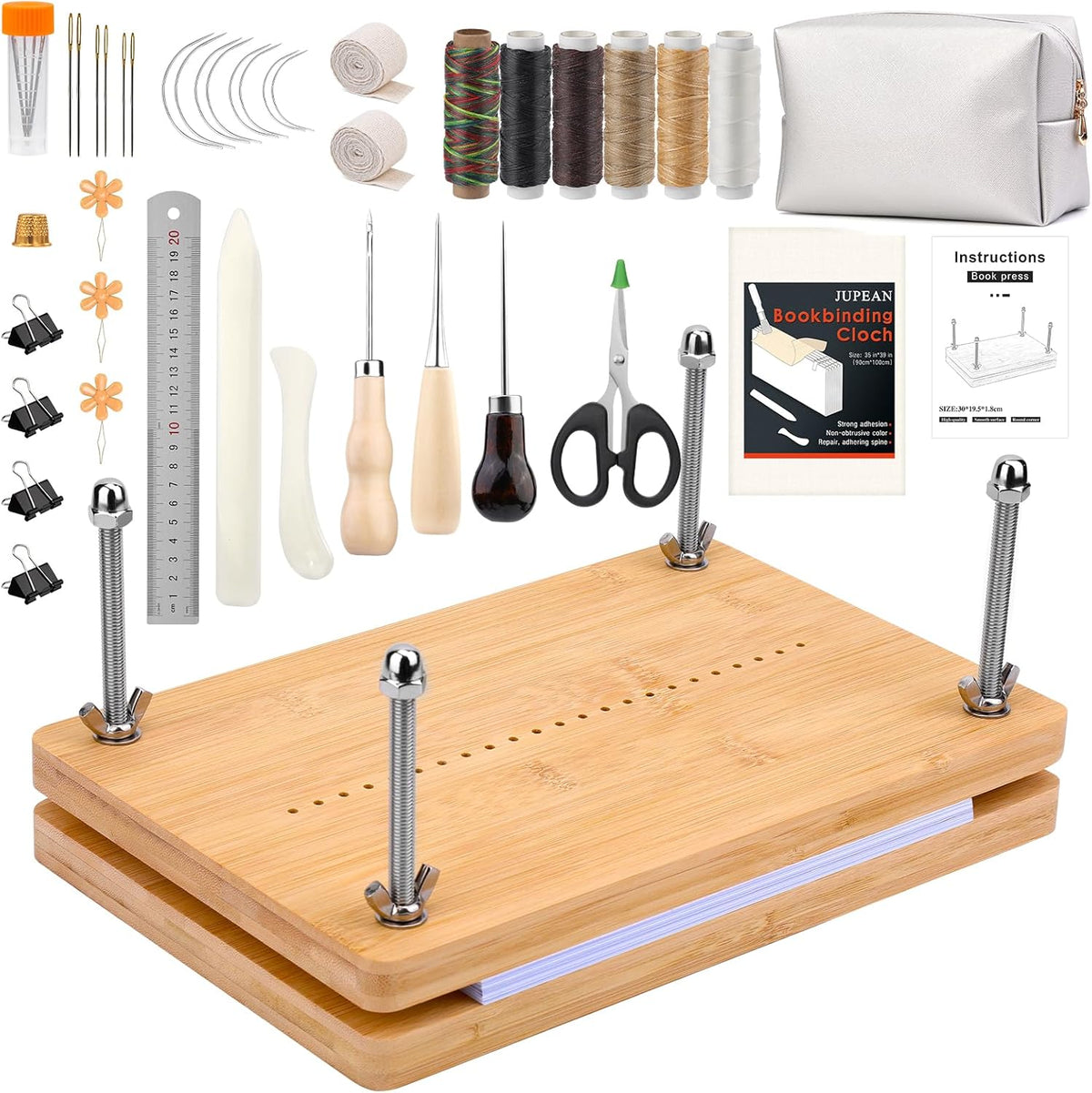 JUPEAN Bookbinding Kit, Book Making Kit, Bookbinding Punching Guide Set, 11.6”x7.9” Hole Punching Book Press Books Binding Materials with Bone Folder Awl Binding Strap for Craft DIY