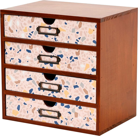 Terrazzo Pattern Wooden Desk Organizer - 4-Drawer Desktop Storage - Modern & Rustic Wood Cabinet for Office Supplies, Craft Tools, & Home Organization - Cute Drawer Unit