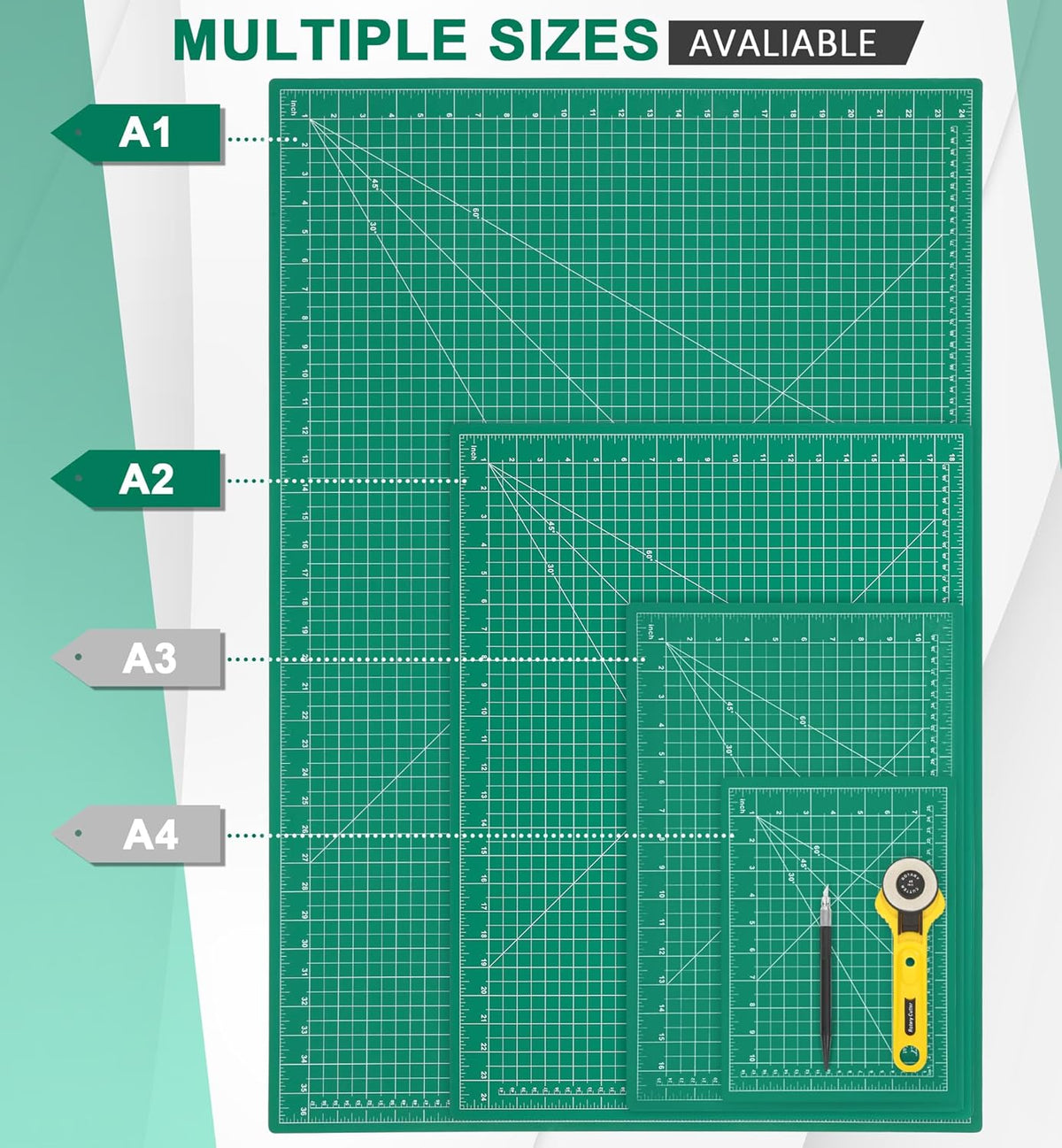Density-upgraded 24" x 36" Large Self Healing Sewing Mat, Idemeet Rotary Cutting Mat 5 Play Cut Board for Crafts Hobby Project, Scale Size 24" x 36", A1, Green