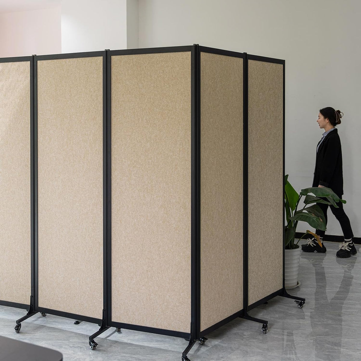 Upgrade Version Room Partition and Divider, Freestanding Rolling Dividers with Wheels,Office Privacy Screen Divider Wall,Classroom Felt Dividers,12'2"L* 6'7"H,6 Panel，Beige