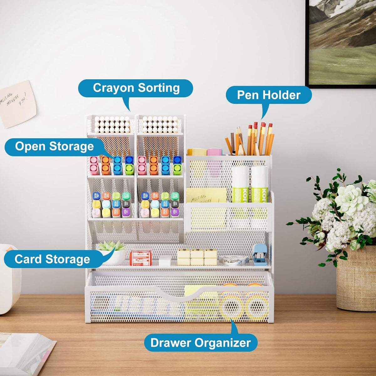 Marbrasse Mesh Pen Holder for Desk, Multi-Functional Pencil Organizer with Drawer, Desk Organizers and Accessories for Office Art Supplies (White)