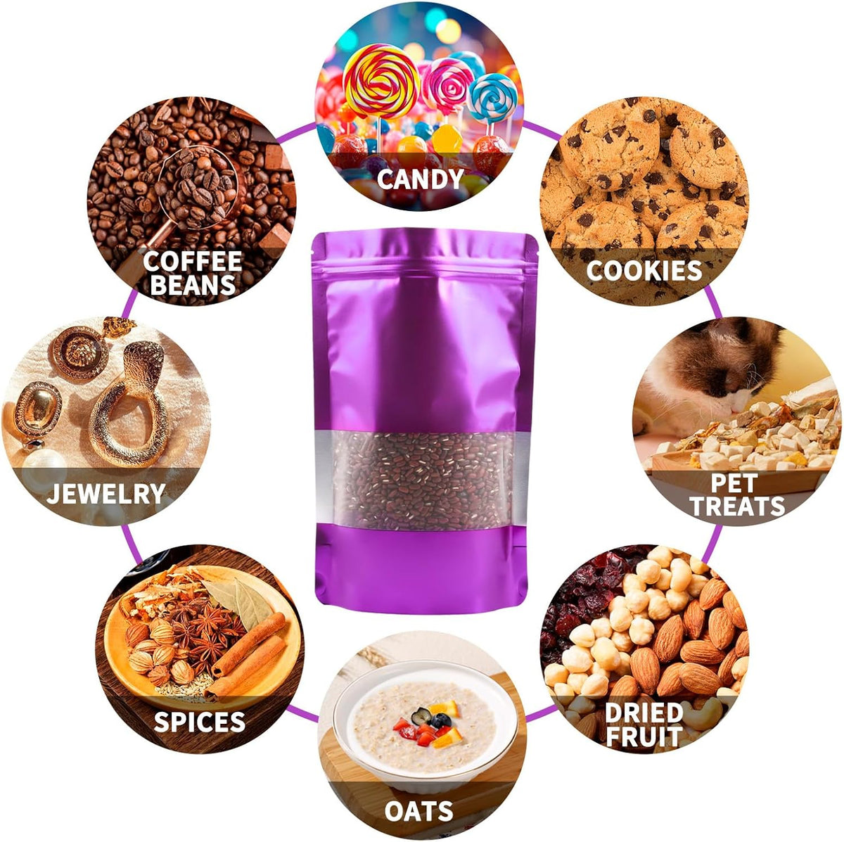 100 Pack Smell Proof Bags, Resealable Purple Mylar Bags with Matte Window, Foil Pouch Stand Up Sealable Bags for Packaging, 3.93 × 5.9 Inch