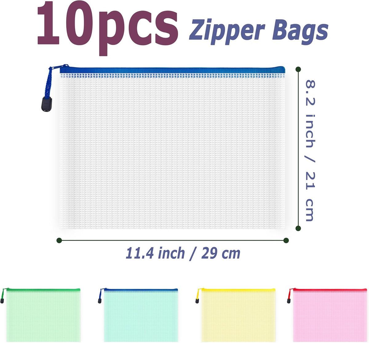 AUSTARK 10 Pcs Zipper File Bags, Waterproof Plastic Mesh Pouch for Office School, Board Game Storage Bags (B5 Size 11.4''x8.2'', Multicolored)