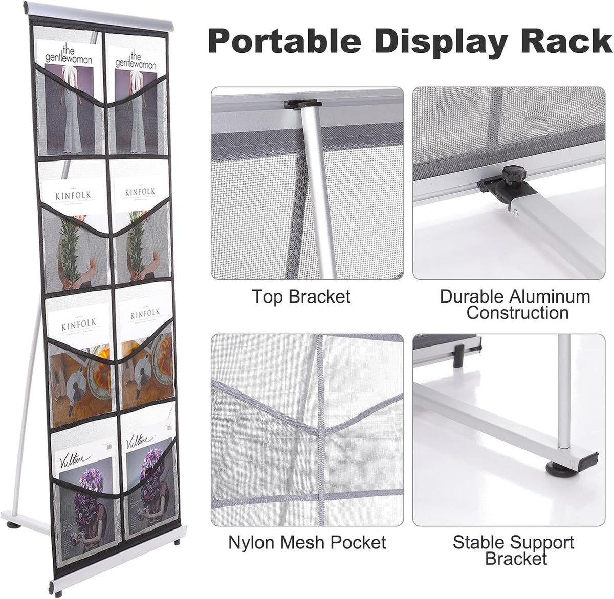 PATIKIL Portable Magazine Display Racks Floor Standing Double A4 8 Mesh Pockets Brochure Stand Catalog Literature Holder for Hotel, Exhibition, Office, Black