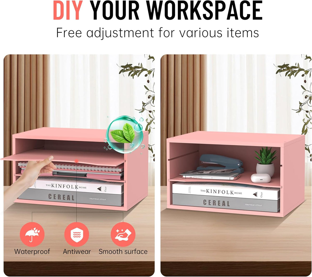 Wood Desk Organizer, 3 Tier Paper Tray Organizer for Desk with Adjustable Storage Shelves, Desktop Paper Sorter Mail Holder for Office Home Classroom, Pink