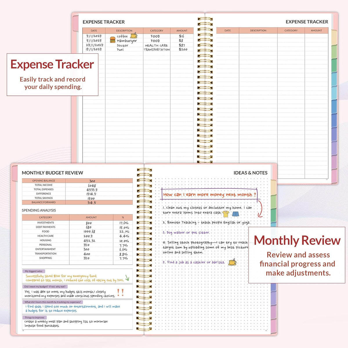 SUNEE Budget Planner - Monthly Budget Book with Expense Tracker Notebook, A4(8.5" x 11") Undated 12 Month Bill Organizer & Finance Planner to Manage Your Money, Account Book with Colorful Tab, Pink