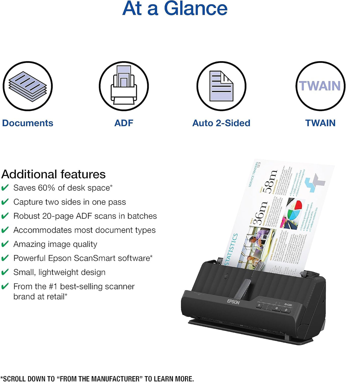 Epson Workforce ES-C220 Compact Desktop Document Scanner with 2-Sided Scanning and Auto Document Feeder (ADF) for PC and Mac