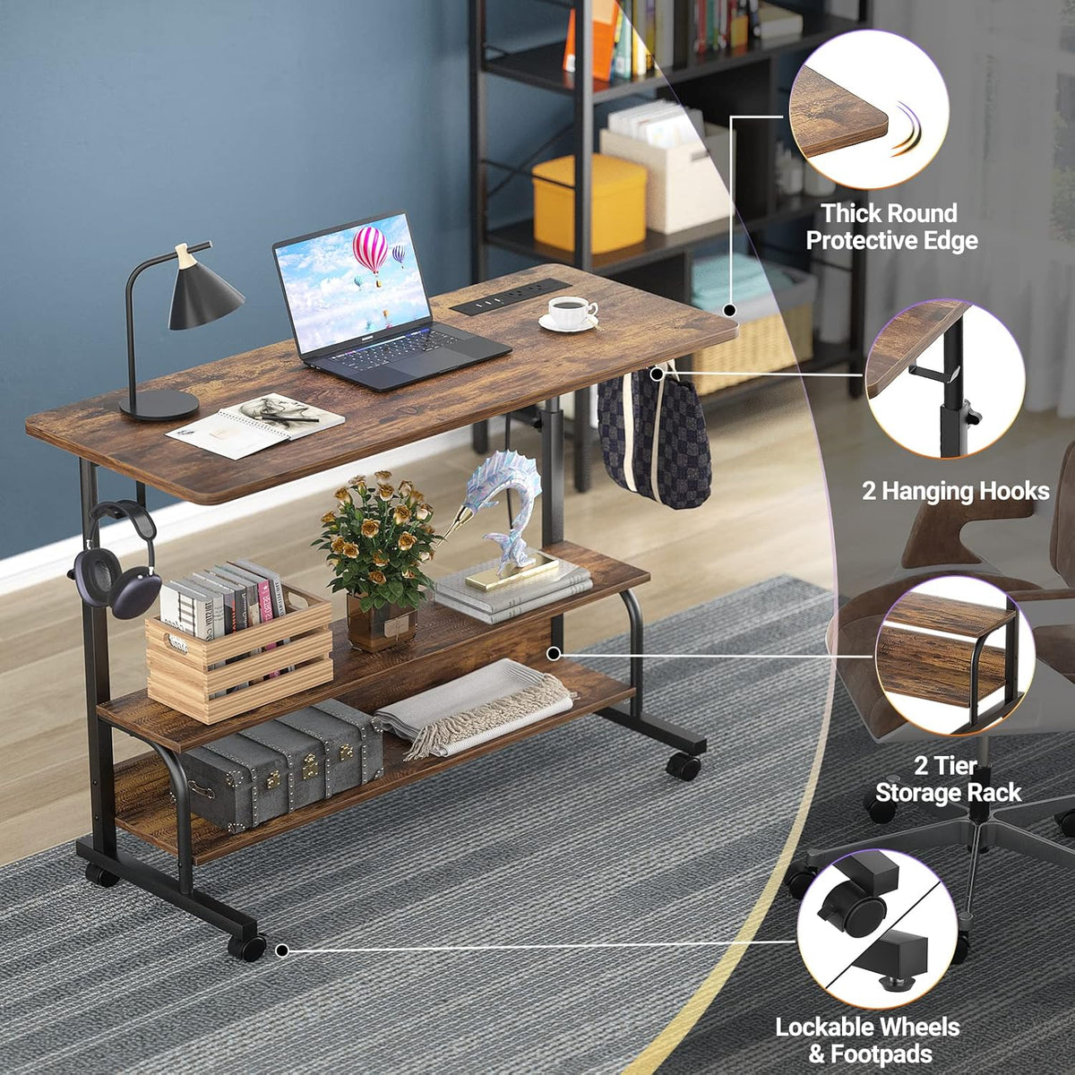 Armocity Height Adjustable Standing Desk with Power Outlets, 39" Manual Stand Up Desk with Storage Shelves Small Mobile Rolling Computer Desk Portable Laptop Table with Wheels for Home Office, Rustic