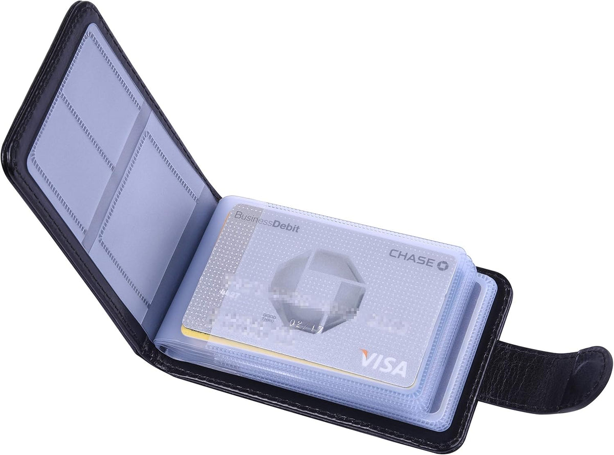 Wisdompro Credit Card Holder, Slim Leather RFID Blocking Wallet Debit Card Protector Organizer Case (Build in 20 Card Slot & 6 Small Cells for Memory Cards)-Horizontal Black