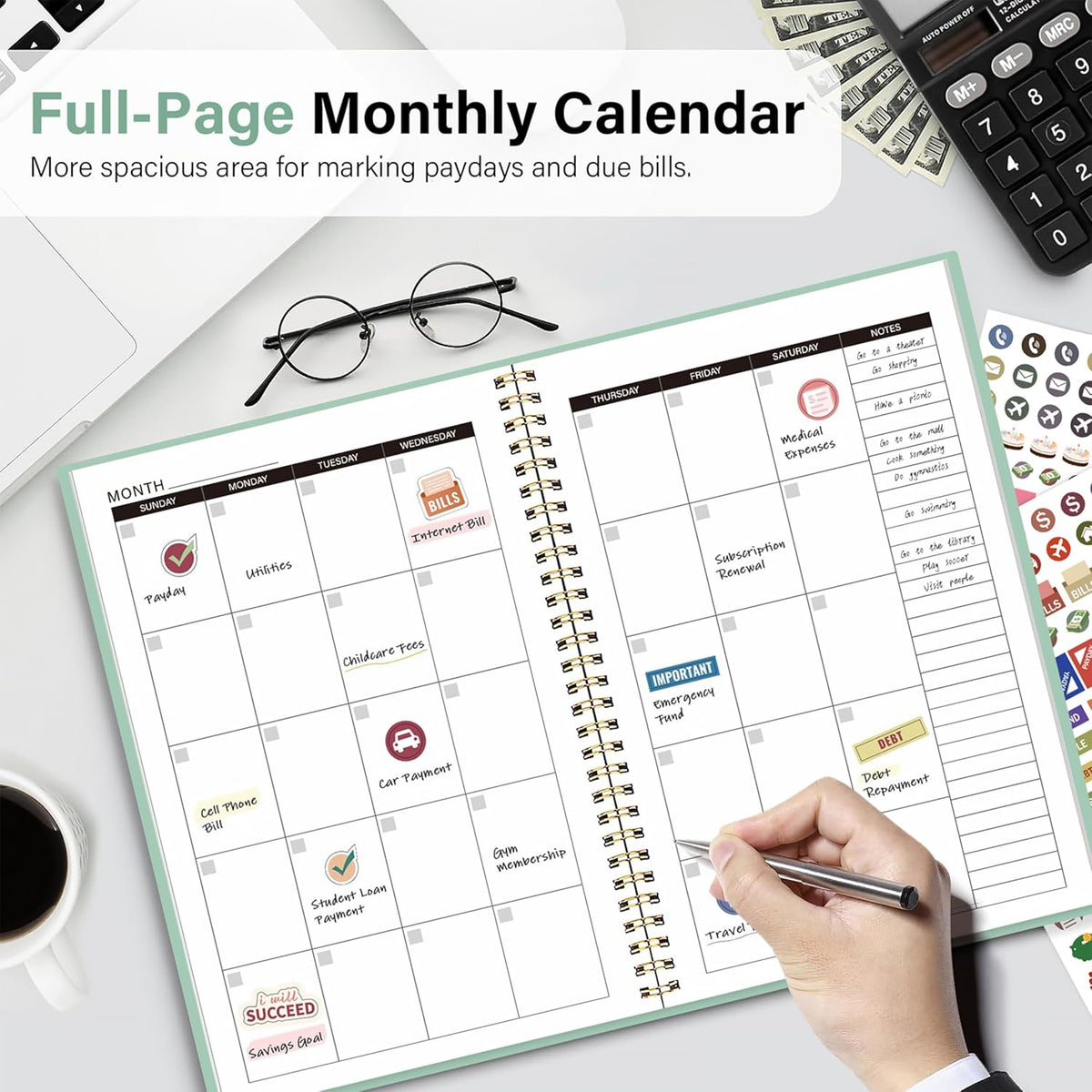 Budget Planner-Monthly Budget Book with Expense Tracker Notebook/Accounting Book, A5 Monthly Financial Organizer Planner, Manage Your Money Effectively, Start Anytime, 1 Year Use, Green