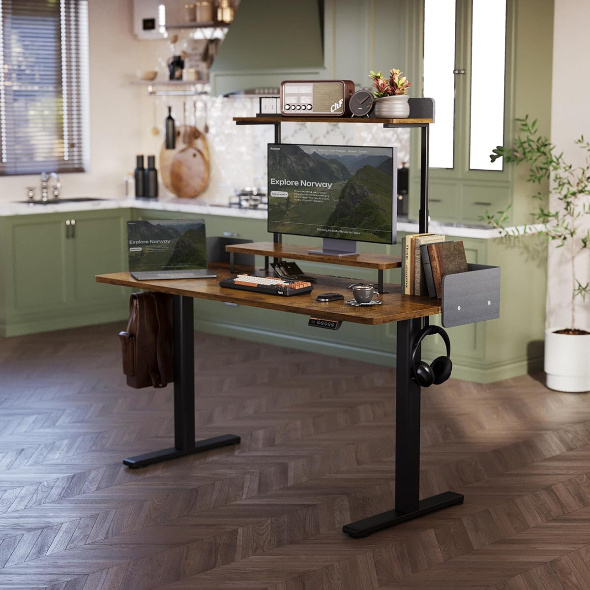 Claiks Electric Standing Desk with Removable Shelves, 55 x 24 Inches Height Adjustable Desk, Stand Up Monitor Stand Desk for Computer Workstation, Rustic Brown