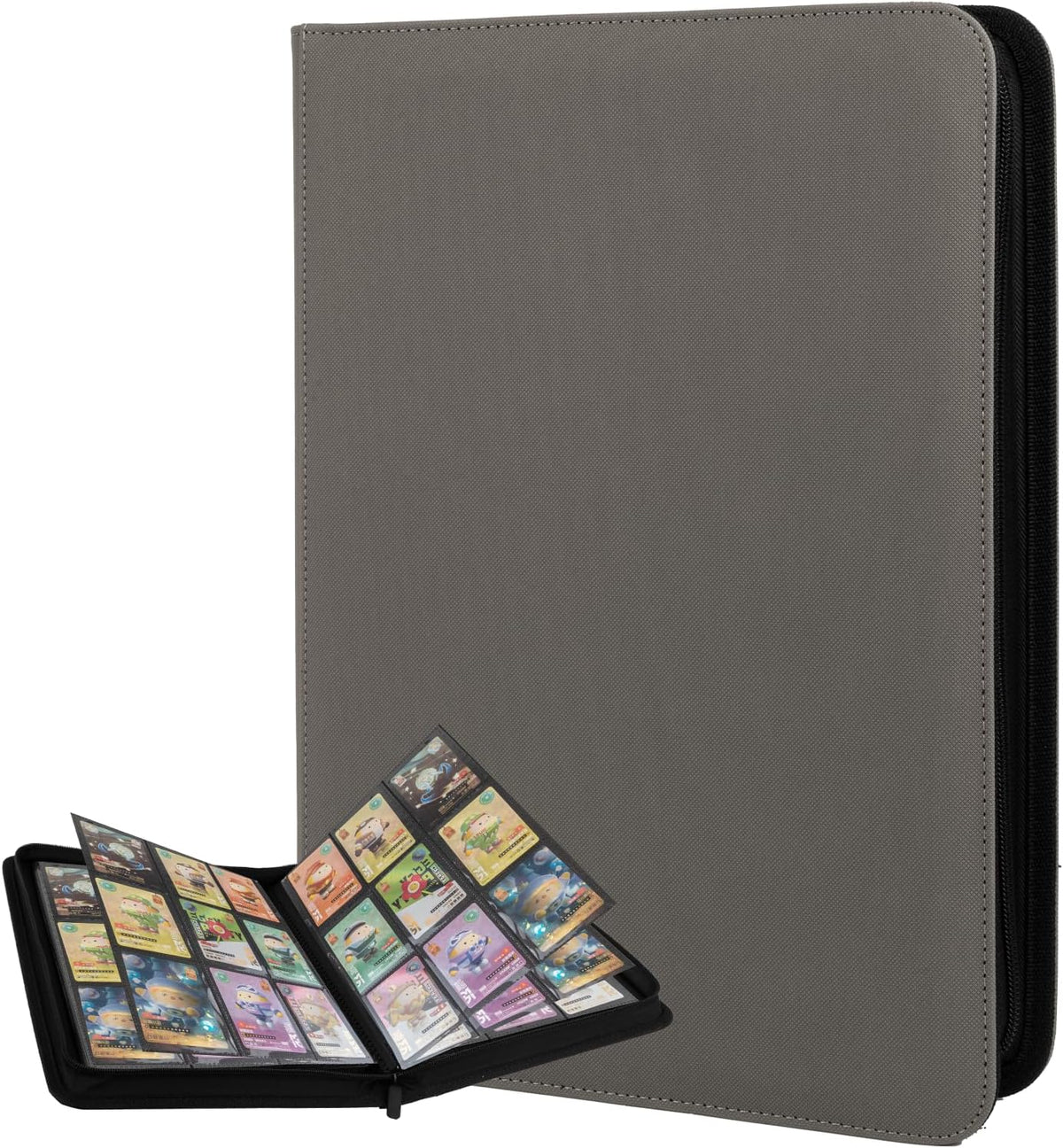 Trading Card Binder 9 Pocket with Zipper, Fvxldcz PU Cover Card Collection Binder 540 Cards Sleek Side-Loading Card Album, Sturdy Card Collection Folder for TCG, MTG, Yugioh, Sport Cards (Gray)