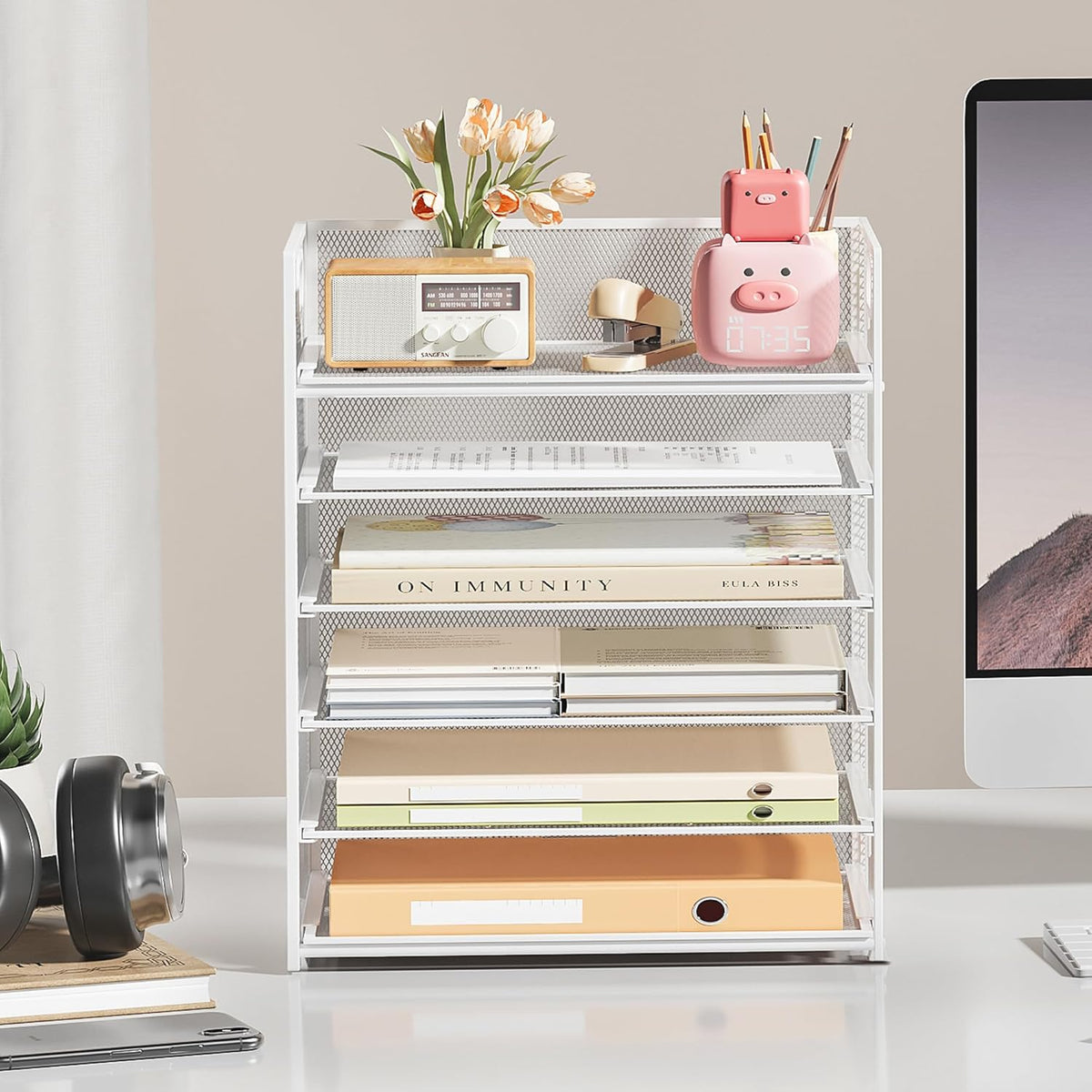 Subekyu 6 Tier Paper Organizer for Desk with Handle, Metal Mesh Desk Office File Folder Paper Letter Tray Accessories Organizer Sorter for Home, School, Office Desktop Document Organization - White