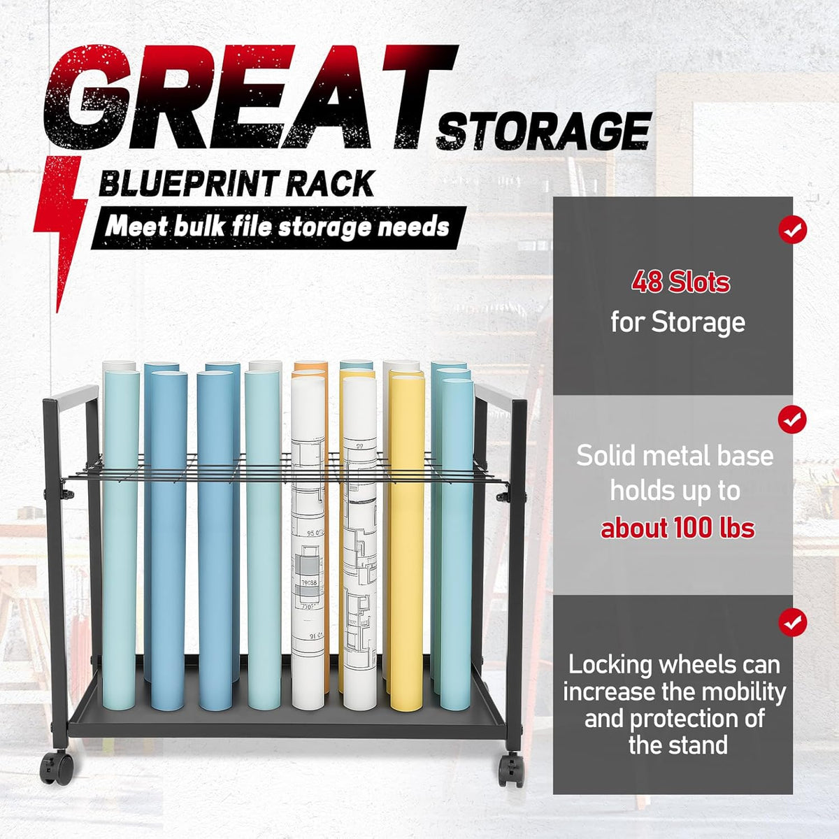 Blueprint Storage Rack 48 Slots Portable Architectural Plan Organizer with Wheels Blueprint File Storage Organizer Map Poster and Drawings Display Rack for Home, Office, School
