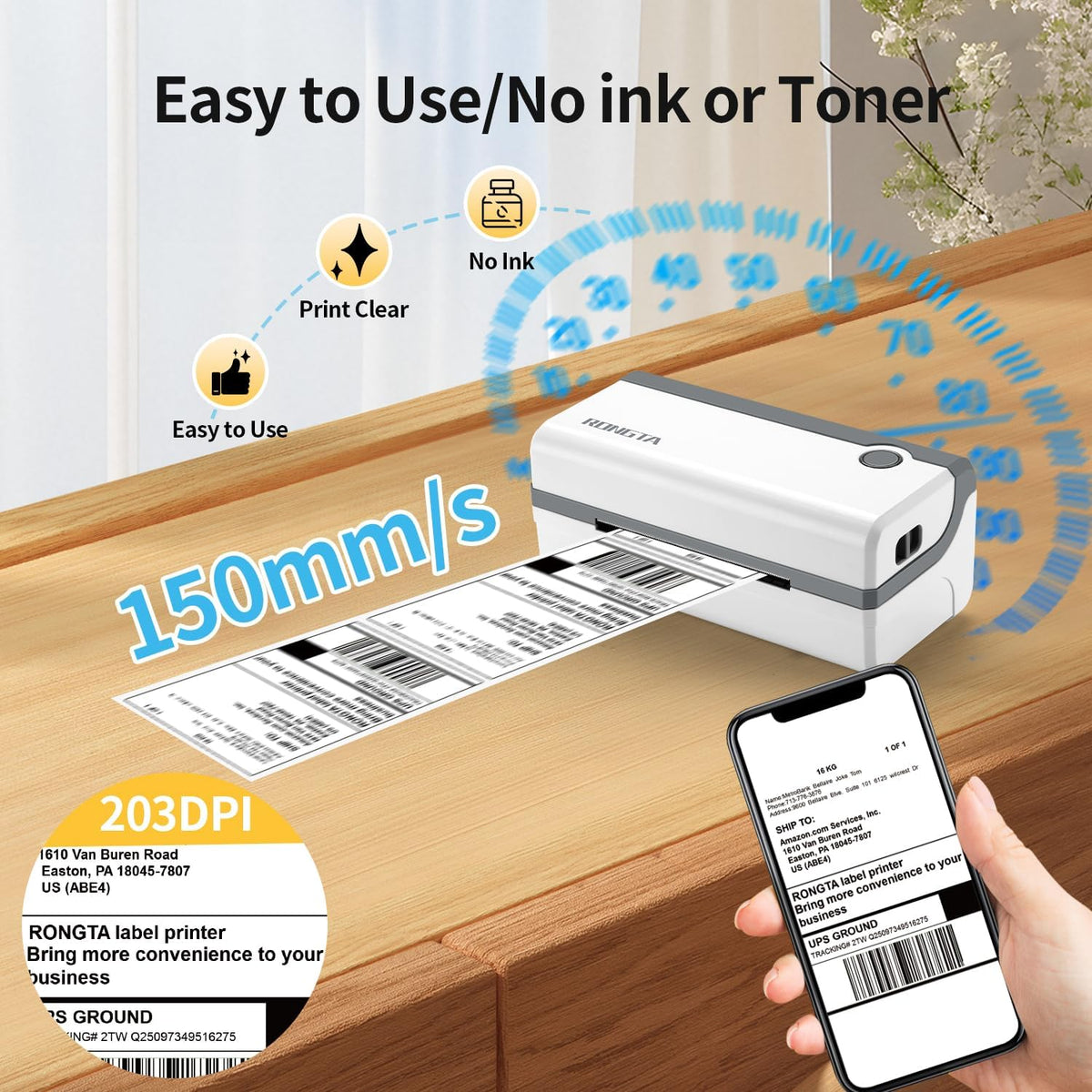 Rongta Bluetooth Thermal Shipping Label Printer, Wireless 4x6 Label Sticker Printer for Shipping Packages, Support Android, iPhone, Widely Used for Amazon, Ebay, Shopify, Etsy, UPS
