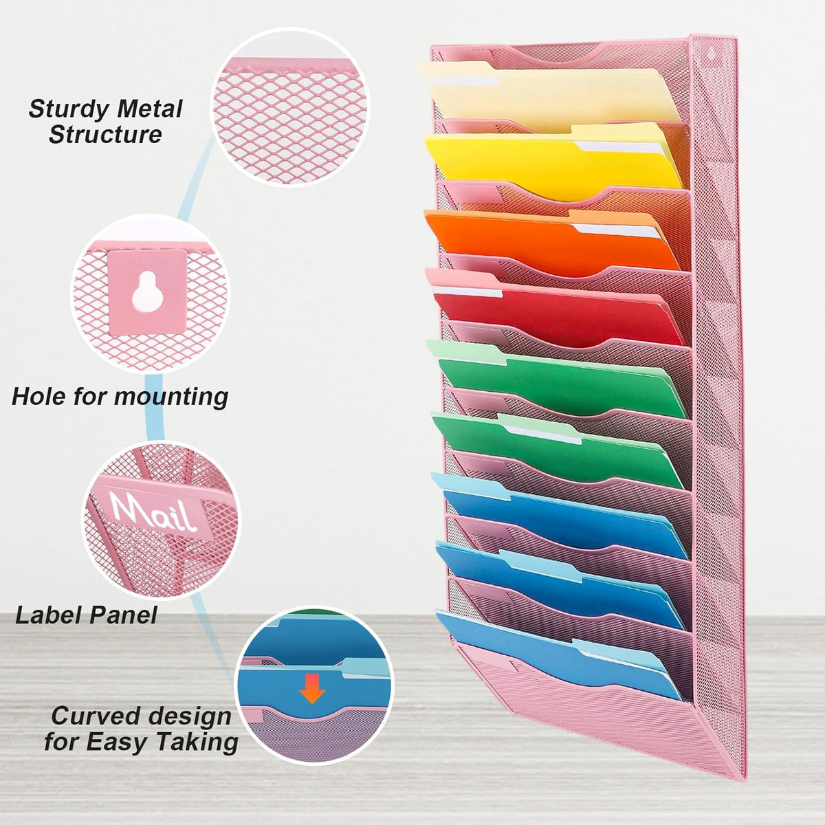EASEPRES 10 Pocket Mesh Hanging Wall File Organizer, Wall Mounted Mail Paper Document Folder Holder, Clipboard Storage Organization Magazine Rack with Nametag Label for Office Home School, Pink