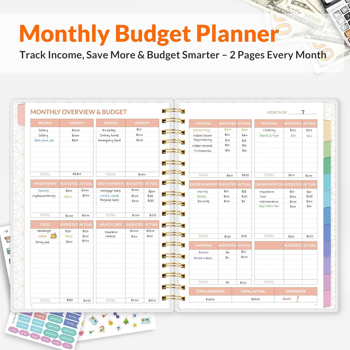 SUNEE Budget Planner - Deluxe Monthly Budget Book with 12-Pockets for Bill Organizer, Undated 12 Month Expense Tracker Notebook & Account Book B5 Size (8" x 10") to Manage Your Finance Planner, Pink