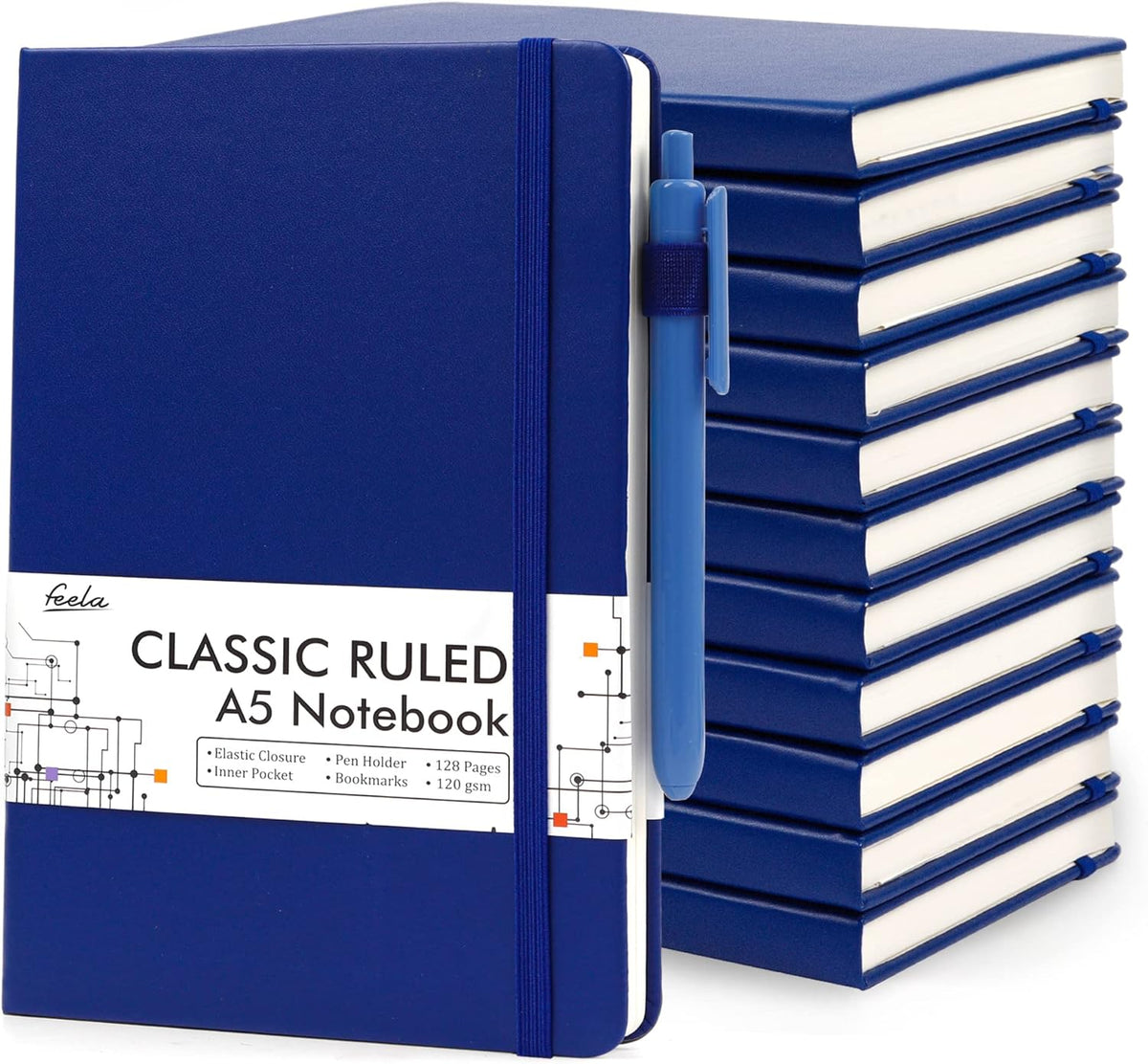 12 Pack Notebooks Journals Bulk with 12 Black Pens, Feela A5 Hardcover Notebook Classic Ruled Journal Set with Pen Holder for School Business Work Travel Writing, 120 GSM, 5.1”x8.3”, Navy