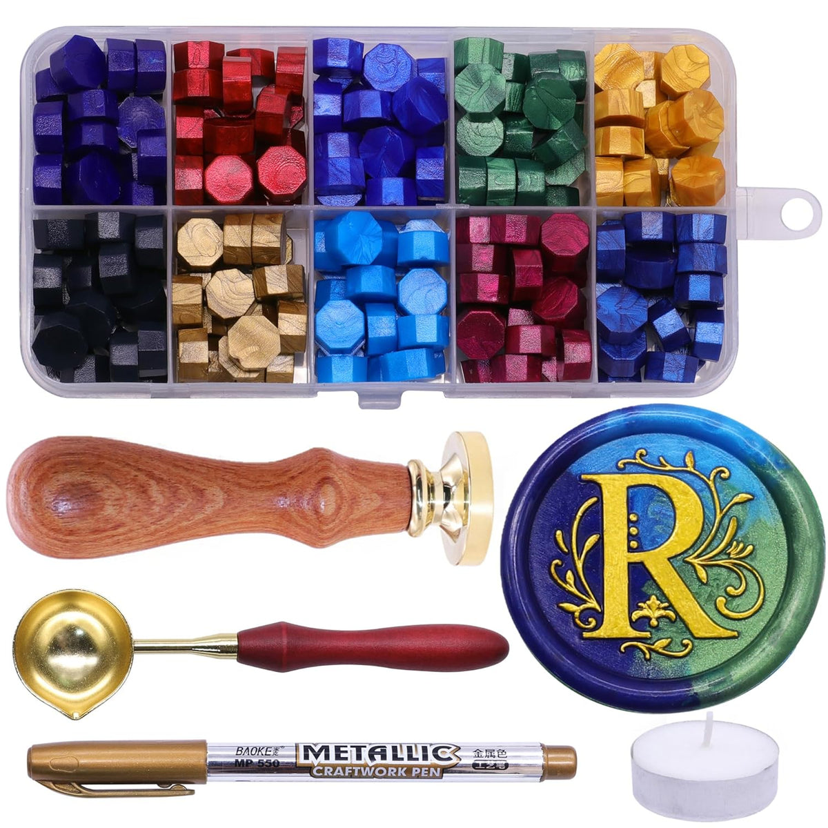 SWANGSA Initial Alphabet R Wax Seal Stamp Kit, Classic Retro Letter Sealing Stamp with 200pcs Sealing Wax Beads Kit for Wedding Invitations Cards Envelopes (R)