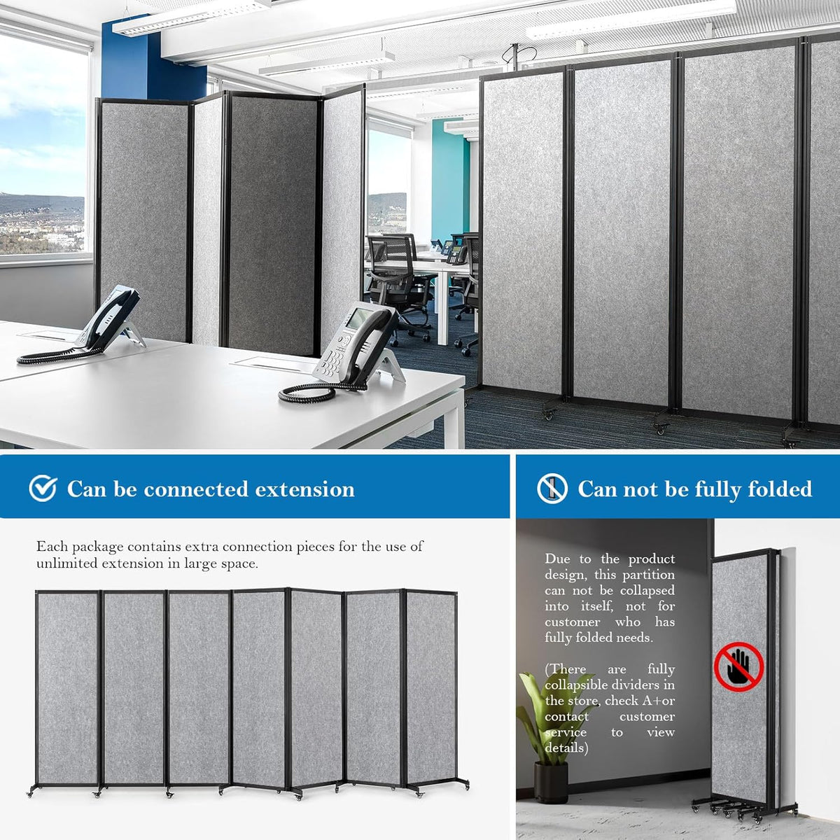 Room Partition,Office Divider,Portable Commercial Screen Dividers,Privacy Partition Separator,Classroom School Dividers,6'4"L* 6'7"H,3 Panel,Light Grey
