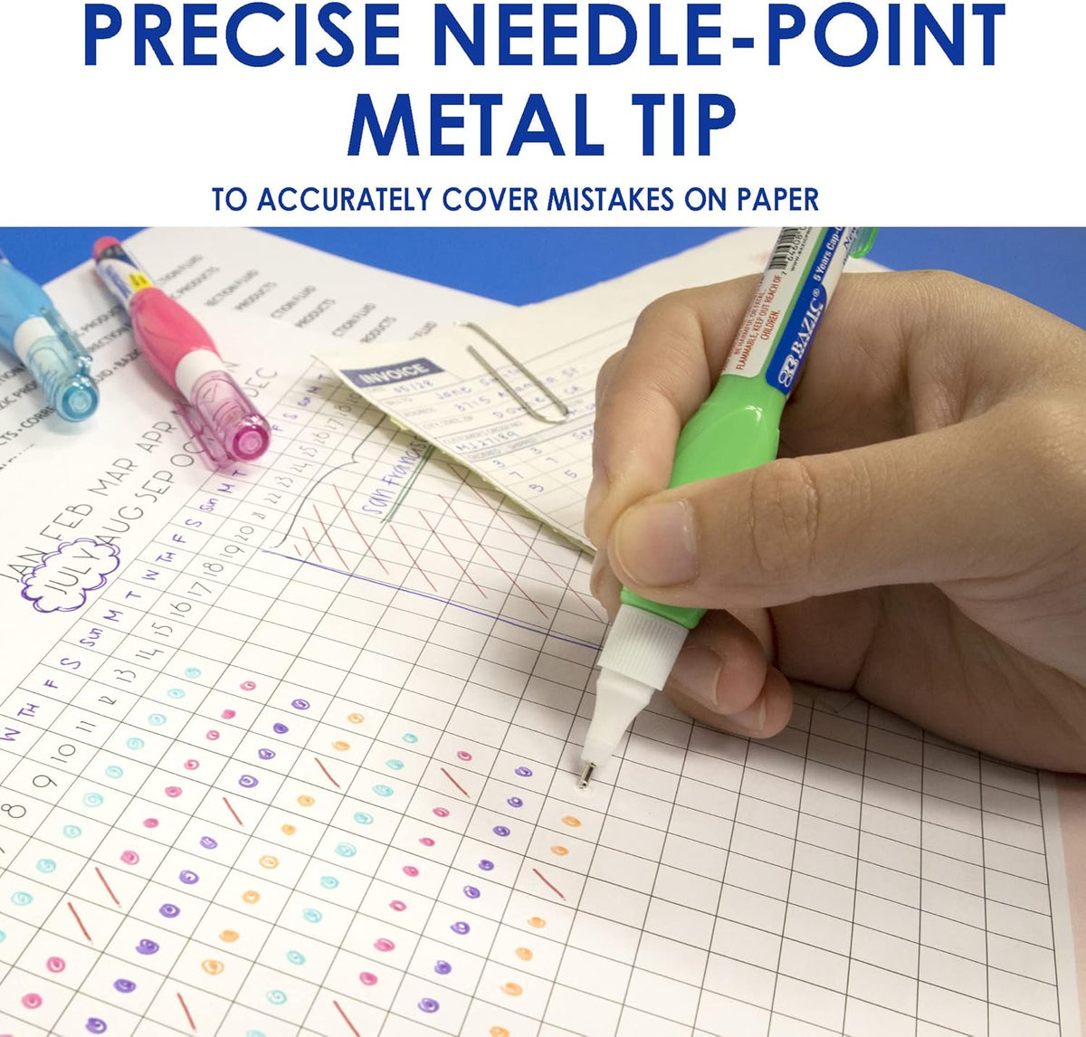 BAZIC Correction Pen (0.1 oz / 3 ml), Precise Metal Tip Applicator, Fine Point Corrections Fluid, Squeeze White Out Wipe Out Liquid (3/Pack), 2-Packs