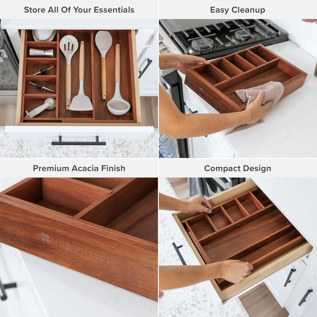 Adjustable Kitchen Drawer Organizer for Utensils and Junk, Food-Safe Contract Grade with 100% Sustainable Wood, Non-Slip, Expandable from 10.5 to 18.5 Inches Wide - Natural Acacia