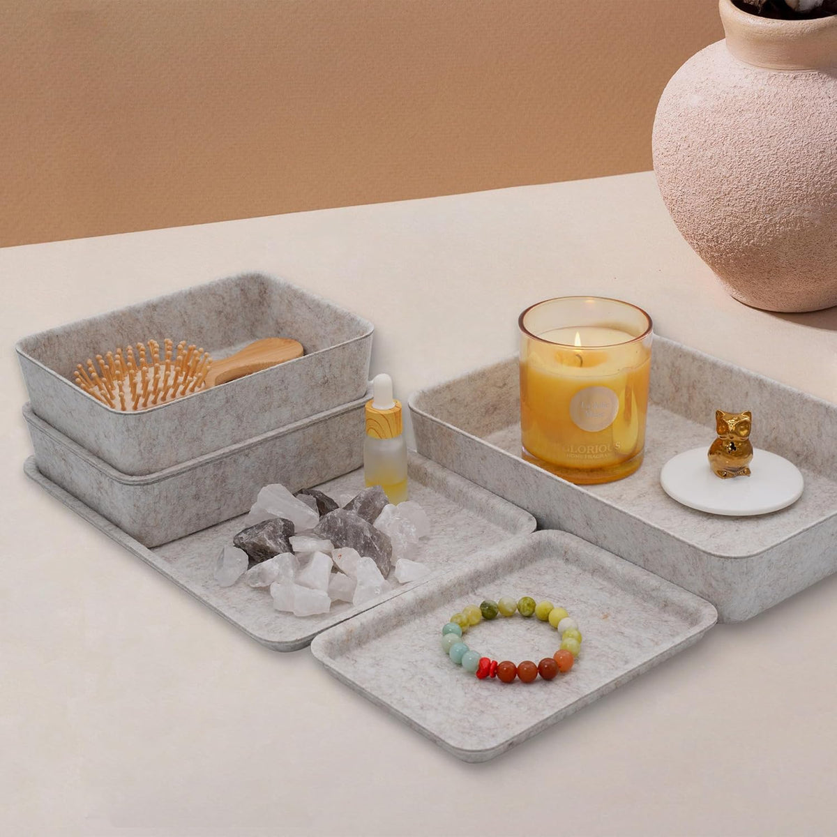 Welaxy Lidded Felt Drawer Organizer Trays with lids Desktop Organizer Bins Storage box for crafts office supplies pen notes Junk Makeup Stationery Organize 3- Pack (Oatmeal)