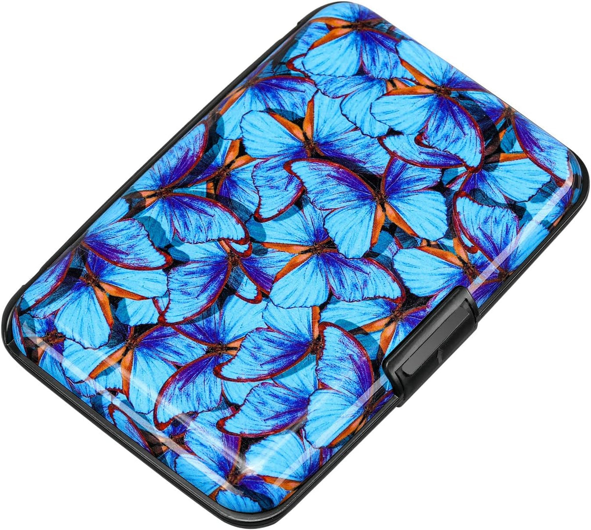 ELFISH RFID Blocking Credit Card Protector Aluminum ID Case Hard Shell Business Card Holders Metal Wallet for Men or Women (Blue Butterfly)