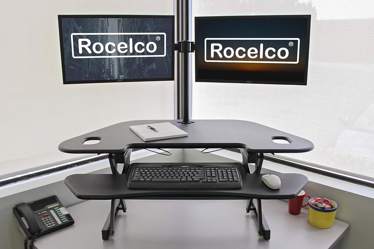 Rocelco 46" Height Adjustable Corner Standing Desk Converter with Dual Monitor Arm Bundle - Quick Sit Stand Up Computer Workstation Riser - Extra Large Keyboard Tray - Black (R CADRB-46-DM2)