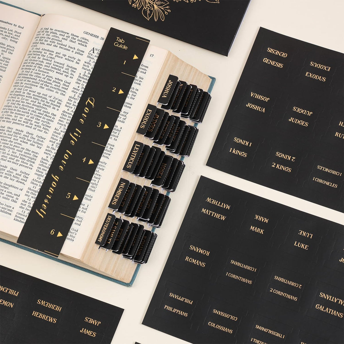 Laminated Bible Tabs, Gold Foil Embossed Lettering Bible Chapter Index Tabs for Women Men, Reposition Large Print Sticky Labels, Easy to Read and Apply, 105Chapters Labels for Easy Navigation (Black)
