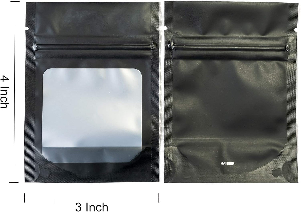 HANSER | Smell Proof Odorless Mylar Resealable Foil Pouch Bags with clear Window | Stand up bottom | Airtight | matte black | 100 Pieces | 3x4 inches