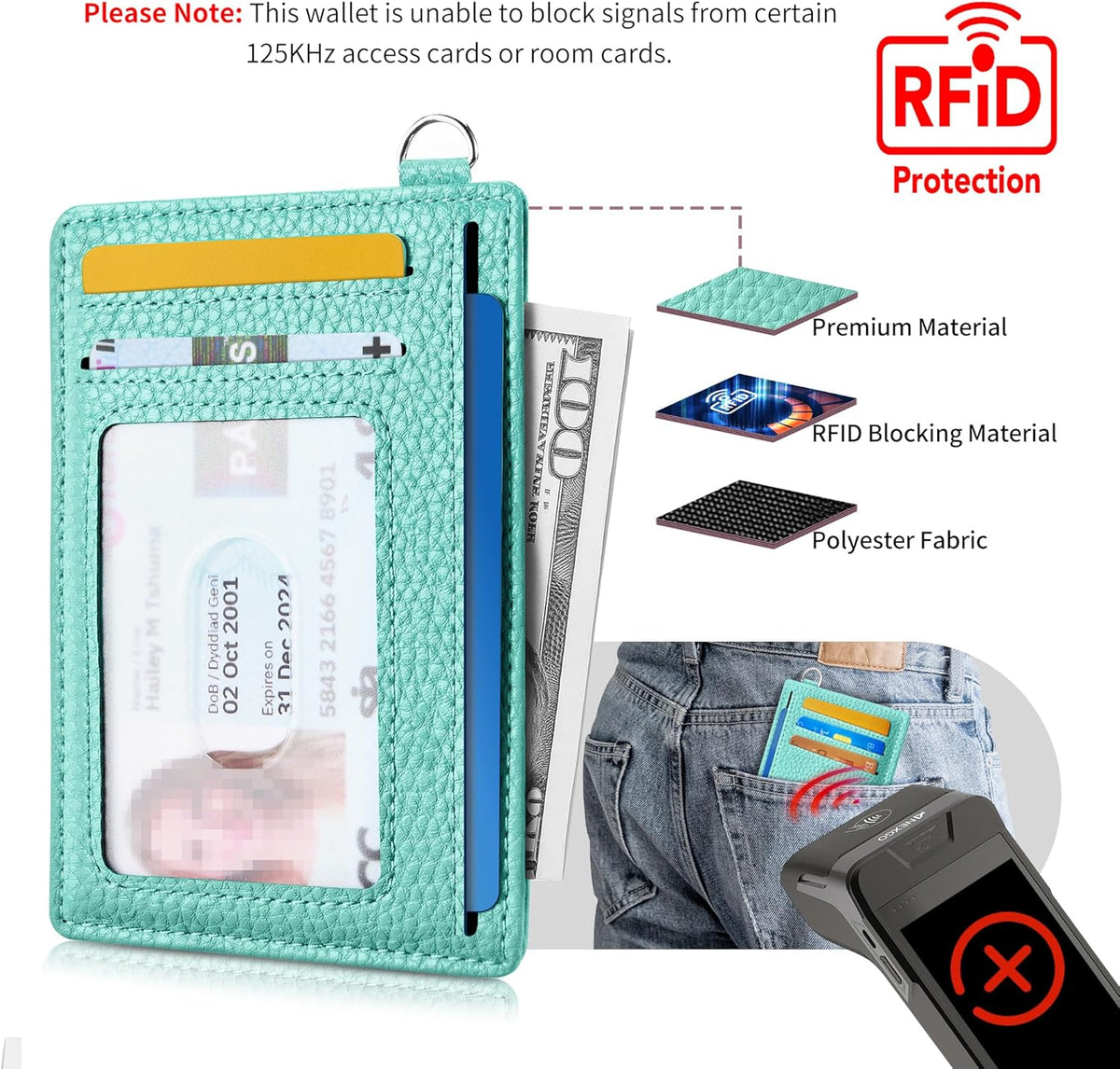 Mayski Slim Wallet, Credit Card Holder for Women, Minimalist Front Pocket RFID Blocking Card Cases, Small Wallet Women Men(Litchi Ocean Green)