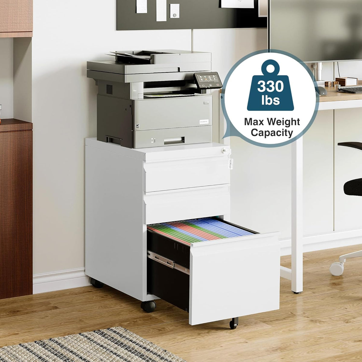 MIIIKO 3 Drawer File Cabinet on Wheels, Home Office Mobile File Drawers Under Desk, Full Assembled White Filing Cabinets with Lock for Legal/Letter/A4 File Folders