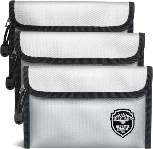 Fireproof Document Bag (5x8 inch), 3Pack Waterproof Money Bag Pocket with Zipper Closure, Storage Pouch for Valuables, A4 A5 Document File, Cash, Credit Card, Passport (3Pack, Grey)