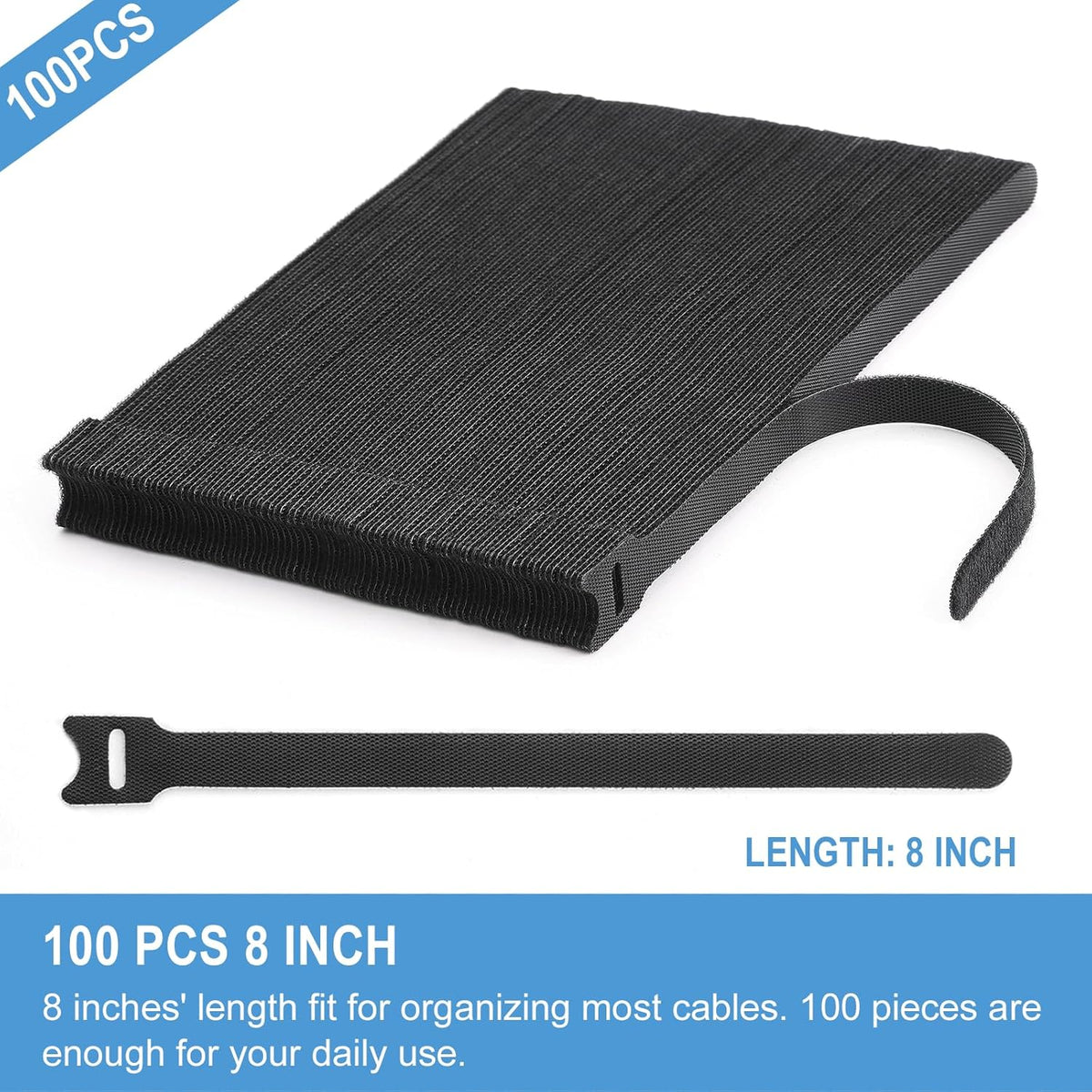 100 PCS 8 Inches Reusable Cable Ties | Adjustable Cord Wraps, Cable Straps | Hook & Loop Cord Organizer, Cable Management